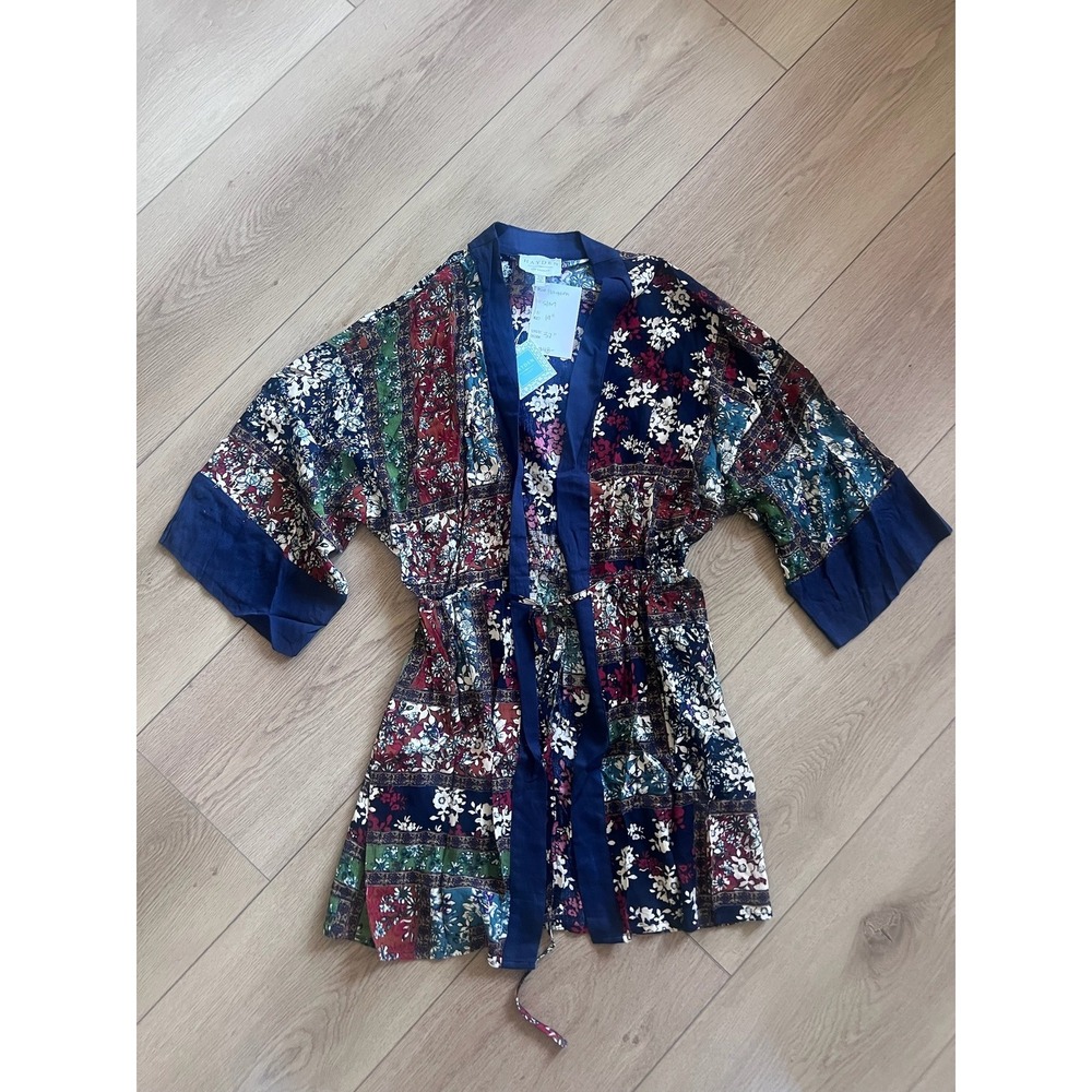 Hayden Los Angeles Patchwork Floral Kimono Wrap Dress Navy Boho S/M NWT